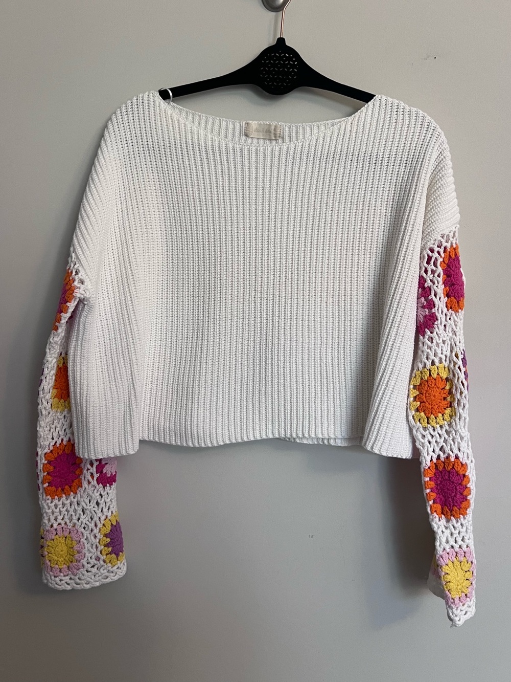 White Crochet-Sleeve Cropped Sweater with Pink & Orange Accents